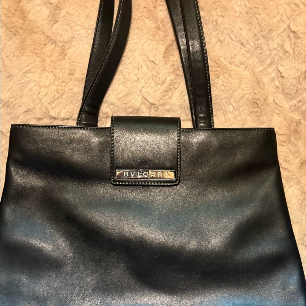 Bulgari Black Leather Tote with Branded Plaque